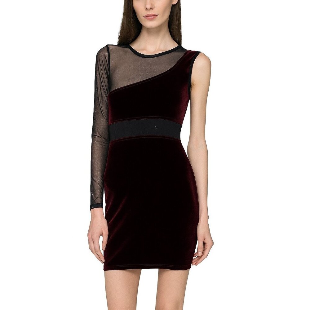 Paris Velvet Mesh Asymmetrical Mini Dress Burgundy One Sleeve Bodycon Dress S